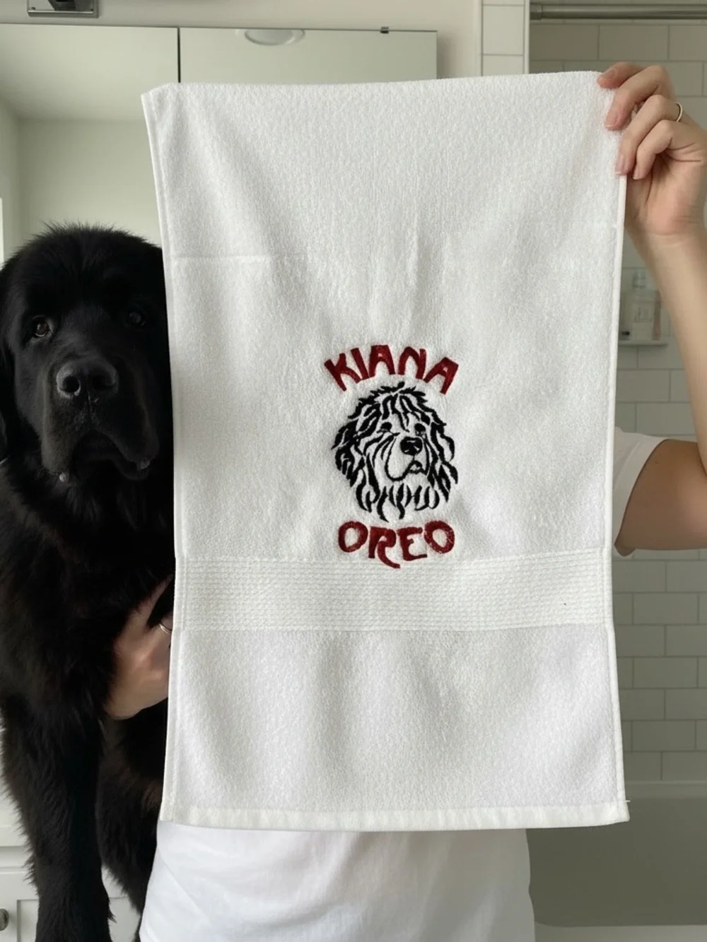 Persosnalized Embroidered Dog Bath Towels with your dog's name. Paws off.